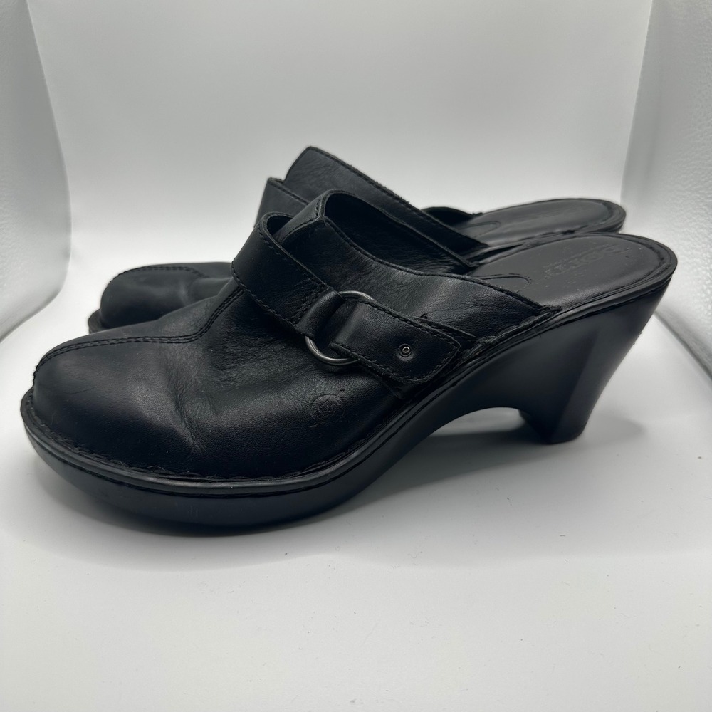BORN Black Leather‎ Wedge Heel Clogs Mules Women's Size 11 chunky